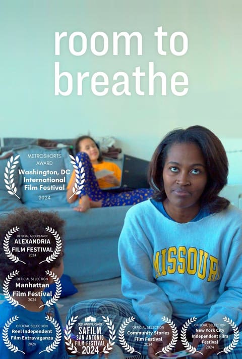 Room to Breathe poster with seven festival laurels, including the Filmfest DC 2024 jury prize (Washington, DC International Film Festival).