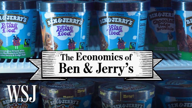 The Wall Street Journal’s title card for The Economics of Ben & Jerry’s, over pints of ice cream in a store freezer.